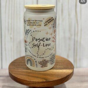 Positive Self Love Handmade 16OZ Glass Iced Coffee Cup with Bamboo Lid